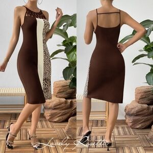 Brown Leopard Color Block Cutout Sleeveless Dress